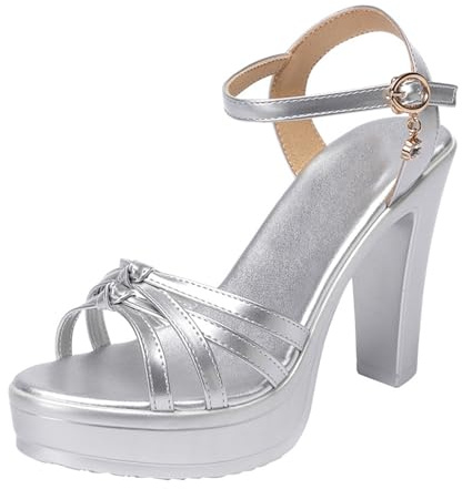 TNMIUH Sandali con Plateau E Tacco Alto da Donna, Tacco Blocco 10 Cm, Fibbia alla Caviglia, Sandali Estivi da Donna con Plateau per Feste, Matrimoni, Occasioni Formali E Lauree,Argento,34 EU