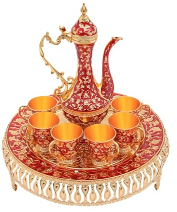 Levkitch Lot de 6 cafetières turques vintage en métal avec 6 tasses à café et plateau à thé, pour décoration de table à thé à la maison, rouge