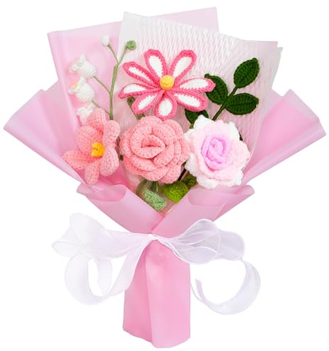 Ecerangus Crochet Flower Bouquet, Handmade Crochet Flowers Knitted Flowers Bouquet for Mother's Day Anniversary Birthday Graduation Lover Valentines Day Gifts(Pink)