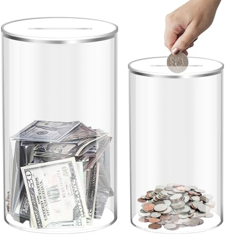 Transparent, 7 × 7 × 11,5 cm, 9 × 9 × 15 cm cylindrisk klar spargris, akryl-pengabössa, sparbössa att öppna, mynt sedlar pengabox transparent Användbar för vuxna och barn
