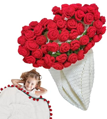 Knowlife Coperta All'Uncinetto A Fiori - Plaid Maglia Coperta Da Letto, Rosa Bouquet Per Adulti Viaggio Picnic Decorazione Casa Fatto A Mano