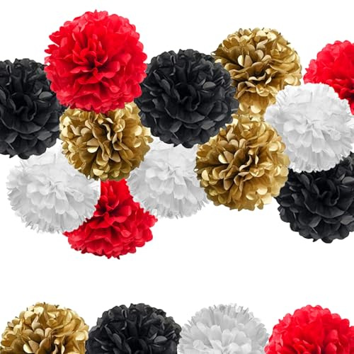 Vsosfiza 12 Stück Party Pompons Rot, Weiß, Schwarz, Gold - Krepppapier-Deko für Hochzeiten, Geburtstage, Kindergarten (Junge/Mädchen)