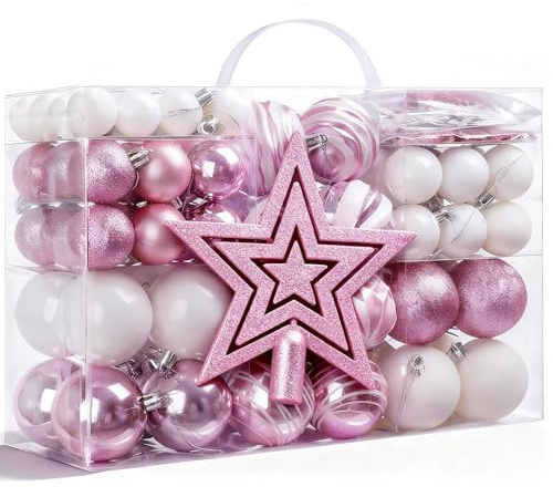 HOUISM Juego de 141 bolas de Navidad, decoraciones inastillables de color blanco rosa para árbol de Navidad, boda, corona y decoración del hogar (36 ganchos incluidos)