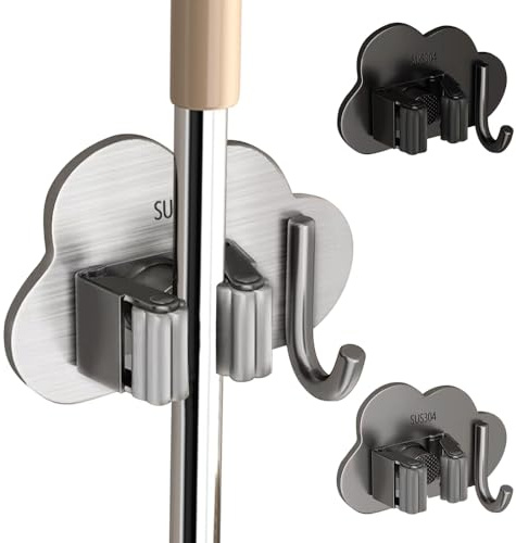 DONGKER Besenhalterung Wand, 3 Stück Selbstklebend Besenhalter Ohne Bohren, Edelstahl Gerätehalter mit Haken für Schrank, Wäsche, Garage, Gartenwerkzeug-Organisation