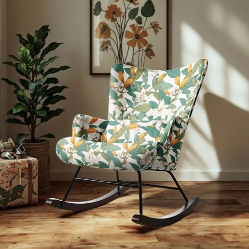 HomeMiYN Schaukelstuhl Lendenpolster Metallgestell und Holzsockel Stillstuhl Wohnzimmer Lilie
