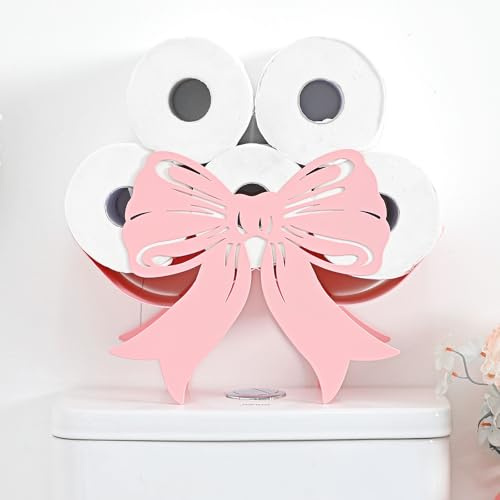 Geelin Bow Metal Toilet Paper Storage Holder Wedding Bow Bathroom Decor 8 Rolls Decorative Toilets Paper Holder Wall Mounted for Bathroom Kitchen Bedroom Coquette Home Decor(Light Pink)