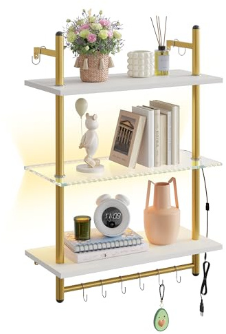 Bestier 60 cm 3-stufiges schwebendes Rohrregal, industrielles wandmontiertes Leiterregal mit Rundrohr und Haken, Holzregal für Dekoration und Aufbewahrung (Weiß, 60CM)