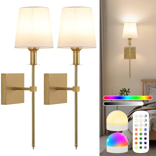 Akku Wandleuchte mit Fernbedienung, 2 Stück Gold USB Aufladbar Wandlampe Innen, Dimmbare Kabellos Wandleuchten mit weiße Stoffschirm, Wandleuchte Ohne Stromanschluss für Wohnzimmer Schlafzimmer