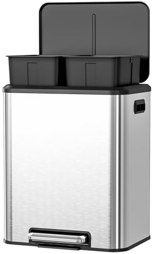 Clevich 30L Kitchen Bin with Pedal, 2 X 15L Dual Bins Recycling/Waste | Stainless Steel Trash Can with Double Compartments, Soft-Close Lids and Inner Buckets, for Home Office