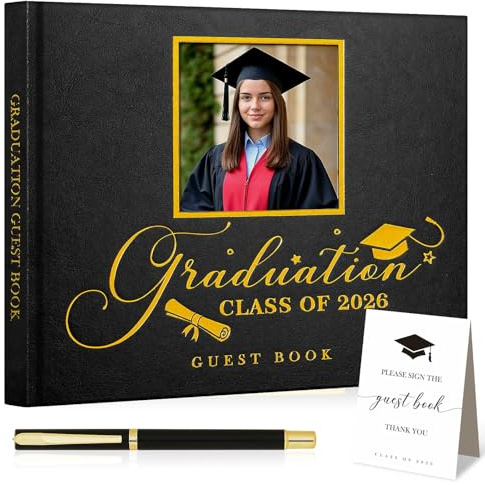 Lanpn Graduation Guest Book Class of 2026 with Pen & Table Sign, Leather Graduation Guest Sign in Books, Graduates Signature Book, Keepsake Memory Books for High School College Grad Party, Black