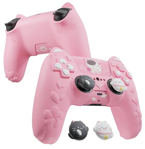 PlayVital Hülle für PS5 Controller, Süße Schutzhülle mit 3D Katzenohren | Ladestation kompatibel, Anti-Rutsch, Thumbstick-Kappen, Aufkleber, Kätzchen Serie, Rosa
