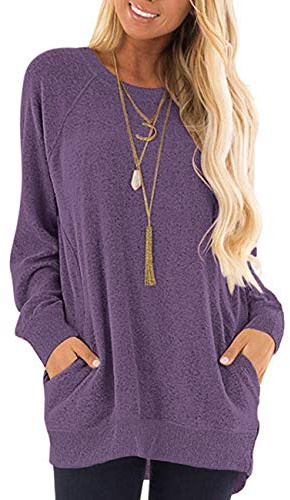 AUSELILY Mujeres Tops de Manga Larga Casual Crewneck Blusas Sudaderas Sueltas Otoño Suéteres con Bolsillos Morado XL