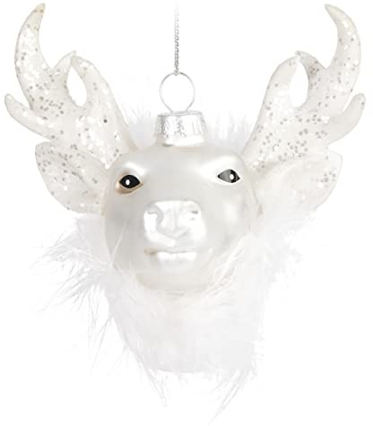 BRUBAKER Hirschkopf Weiß mit Glitzer Weihnachtskugel aus Glas - Handbemalt | Christbaumschmuck Lustig - Christbaumkugel Figuren Weihnachtsdeko Anhänger - Deko Baumkugel
