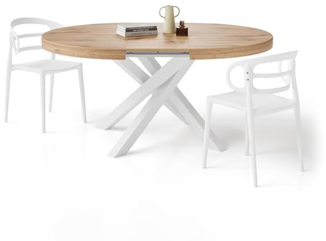 Mobili Fiver, Tavolo Allungabile Rotondo Emma, 120-160 cm, Rovere Rustico con gambe Incrociate Bianche, per 4-6 persone, Tavolo Cucina, Soggiorno, Made in Italy