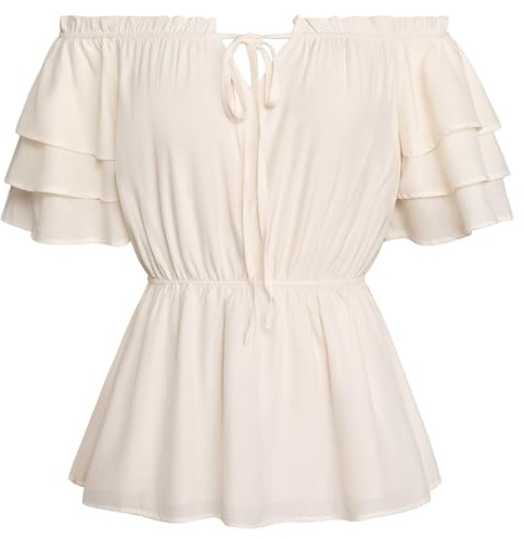 Scarlet Darkness dam renässans traditionell blus medeltida axellös volangblus, Aprikos, L