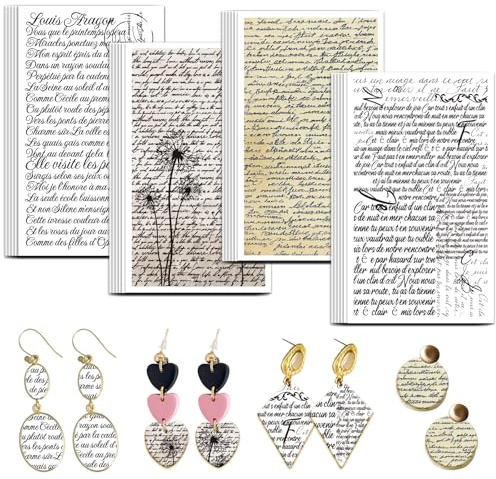 OLYCRAFT 24pz Carta Da Trasferimento In Argilla Francese Scritta A Mano 4 stile Fogli di Trasferimento per Poesia In Argilla Polimerica Carte per Orecchini in Argille e Creazione di Gioielli