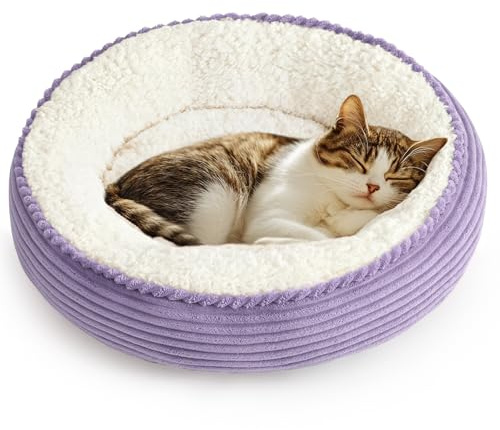 Love's cabin Round Donut Cat and Dog Cushion Bed, 20in Pet Bed for Cats or Small Dogs, Anti-Slip & Water-Resistant Bottom, Soft Durable Fabric Pet beds, Washable Luxury Cat Dog Bed Lavender Stripe