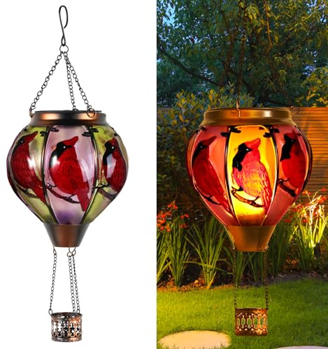 pearlstar Hot Air Balloon Solar Garden Light Waterproof, Flaming Effect Solar Hanging Hot Air Balloon Lantern Garden Ornaments for Indoor Outdoor(Cardinal)