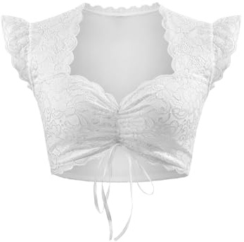 Comfyouth Dirndl-blus, dam, dirndlblus, spets, vingärmar, vit, dirndlblusar, dragsko, blus, dirndl, traditionell blus för Oktoberfest, Vit, M