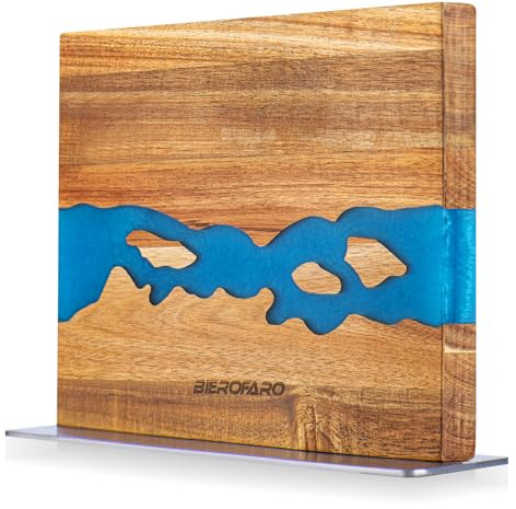 Handcrafted Acacia Magnetic Knife Block – River Resin Design, Dual-Sided Knife Holder with Metal Base, Kitchen Gift, 33×11×28cm