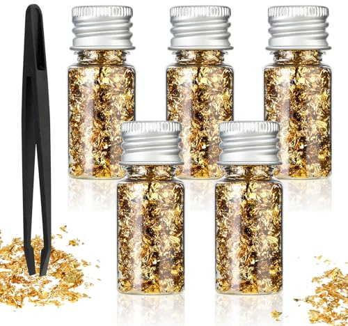 Jeffdad 5 Flaschen Blattgoldflocken, Flocken Goldfolie Papier Multifunktions Dekorfolienpapier Goldfolie Papier Blattgold Imitation Dekorfolienpapier Für Malerei Harzkunst Vergoldete Statue Nagelkunst