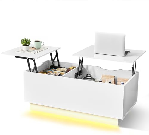 JanflyHome Couchtisch Höhenverstellbar, Couchtisch Hochglanz, Wohnzimmertisch mit Schubladen, Couchtische mit Stauraum und Hydraulischem Lift, Schreibtisch und Kaffeetisch, Weiß