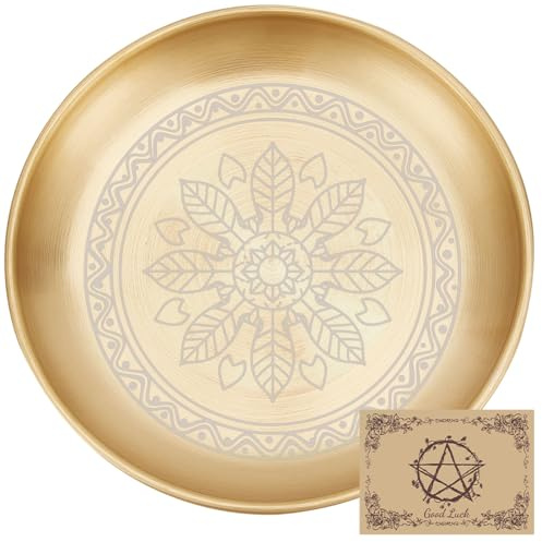 CREATCABIN Plato Ritual de Altar de Mandala de Acero Inoxidable, Cuenco Plano Redondo Dorado para Oración, Tarot, Ofrenda, Portavelas, Bandeja para Joyas, Quemador de Incienso, Radiestesia 14x14cm