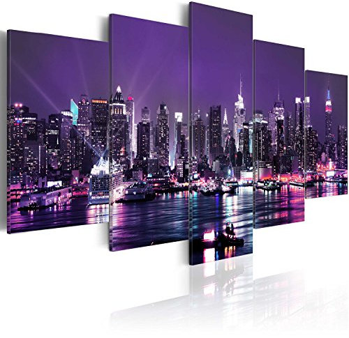 B&D XXL Acrylglasbild New York 200x100 cm 5 Teilig Wandbild auf Acryl Glas Bilder Kunstdruck Moderne Wanddekoration - Skyline Architektur Night violett d-A-0022-k-o
