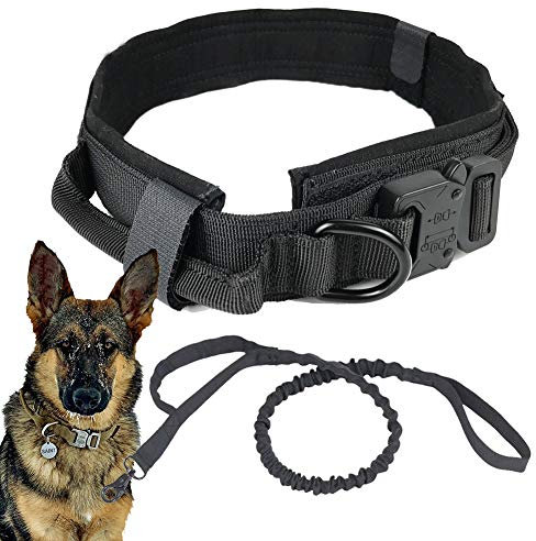 Tactical Hundehalsband Und Leine Set,Verstellbares Hundehalsband Mit D-Ring Und Schnalle,Heavy Duty Bungee Blei,Langlebige Nylon-Kragen Militär-Halsband Für Große Und Mittelgroße Hunde ,Schwarz,M