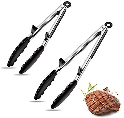 Silikonzange für Heißluftfritteuse, 2 Stück, schwarz, Premium-Silikon, BPA-frei, antihaftbeschichtet, Edelstahl-Verriegelung, Lebensmittelzange, 22,9 cm und 30,5 cm