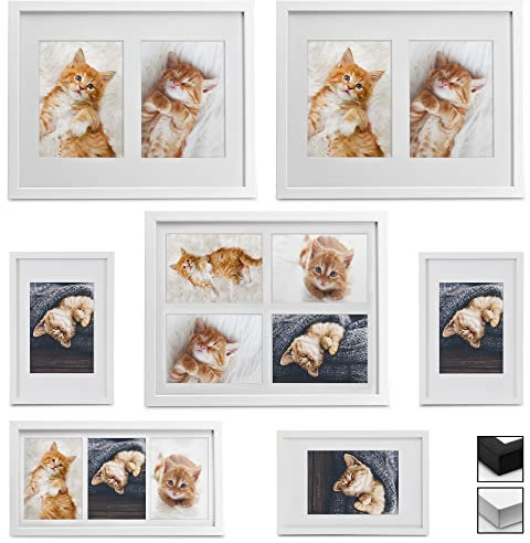 bomoe Galeria Set de 7 Marcos de Fotos 9x13, 10x15 y 13x18 cm – Marcos de Fotos Múltiple para Collage Fotos Decoración Mural con Paspartú – Marcos Fotos Blanco de Madera y Cristal de Plástico
