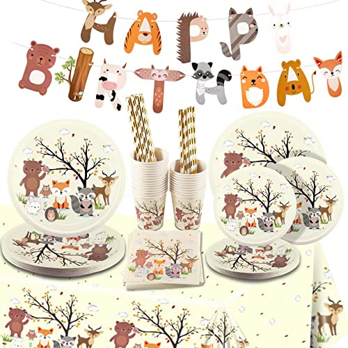 Yosemy Juego de Vajilla para Fiesta de Safari para 25 Invitados 127 Piezas Juego de Vajilla 25 Papel de Papel Platos de Tazas de Papel Servilletas Papel Pajitas Mantel para Wild One Cumpleaños Beige