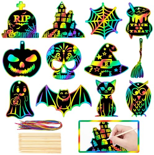 48 Stück Halloween Kratzbilder, Kratzpapier Bastelset, DIY Regenbogen Magie Entwurfspapier, Fledermaus Kürbis Haunted House Arts and Crafts Ornaments für Party-Bevorzugungs Feiertags Dekoration