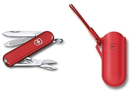 Victorinox Taschenmesser Classic SD (7 Funktionen, Klinge, Schere, Nagelfeile), klein Lederetui mit Kordel