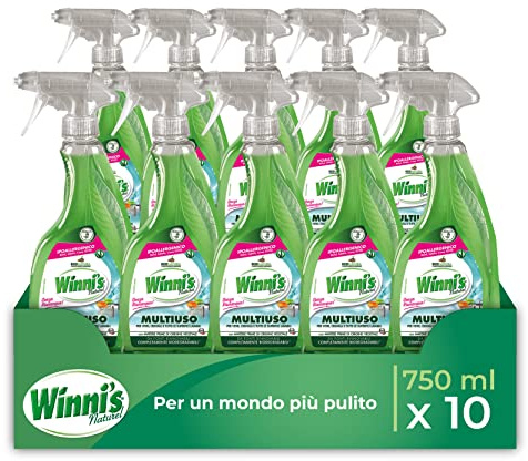 Winni's - Detergente Spray Multiuso Ipoallergenico, Azione Pulente su Vetri, Specchi e Superfici Lavabili, Senza Risciacquo, con Materie Prime di Origine Vegetale, 750 ml x 10 Confezioni