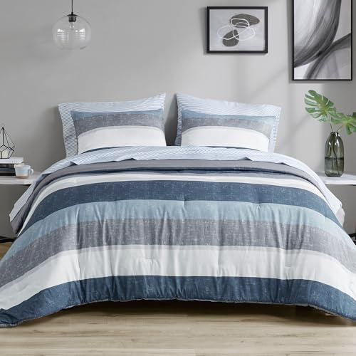 Madison Park Essentials Jaxon Bed in a Bag Comforter Set with Sheet, Printed Stripe Design, Modern All Season Bedding and Matching Sham, Queen Blue/Grey 7 Piece