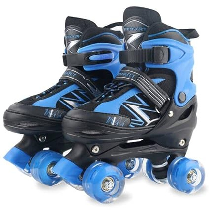 LIRENGUI Boys Roller Skates for Kids Children Beginners, Adjustable Kids Roller Skates with All Light Up Wheels for Sports, Black & Blue (Medium 1-4 US)