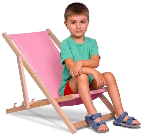 DreamRoots Kinder Liegestuhl Holz klappbar Outdoor, Pink | Klappbarer Campingstuhl, faltbar, für Garten & Strand, bis 130 kg, waschbarer Bezug, 100% Polyester, UV-beständig
