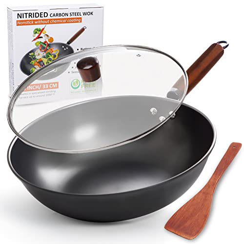 Wokpfanne mit Deckel, 33cm Wok Pfanne aus Karbonstahl zum Rühren und Braten mit Holzspatel, Wok aus Kohlenstoffstahl, nitrierter Antihaft-Chinesenwok mit flachem Boden für Induktion, Elektro- Gasherd