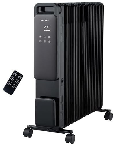 KLAMER Ölradiator 2500 W, Elektroheizung energiesparend, 13 Rippen, 3 Heizstufen mit Eco-Modus, 24h Timer, Thermostat, Überhitzungs- & Kippschutz, mit Fernbedienung, für Innenräume, schwarz