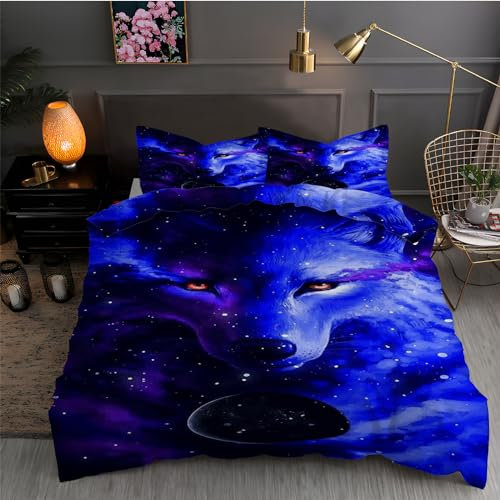Bettwäsche 200x200 Planet Wolf 3D Druck Bettbezüge und 2 Kissenbezug 50 x 75 Kuschelig Atmungsaktive Bettwäsche Set 3 Teilig mit Reißverschluss