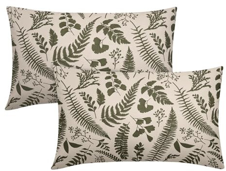 Olive Green Leaf Plant Lumbar Pillow Covers 12X20 Inch Set of 2 Tropical Fern Herbs Botanical Leaves Floral Decorative Pillow Cases Vintage Cushion Case Farmhouse Home Decor for Couch Sofa Outdoor