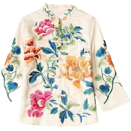 Sparctwer Chaqueta de estilo chino para mujer - Blusa bordada Estilo étnico Blusa china con bordado retro Chaqueta de mujer Abrigo de hombro recto Ropa oriental,cremoso,blanco,3XL