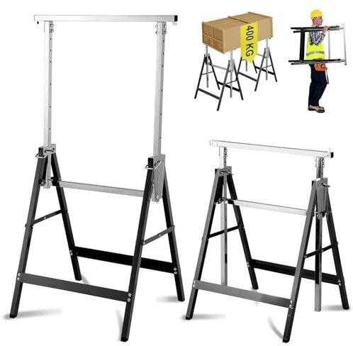 Fiqops Set di 2 cavalletti da lavoro regolabili in altezza, portata 200 kg, cavalletti 7 livelli regolabili in altezza 80-130 cm, stabile cavalletto pieghevole per uso versatile (nero)