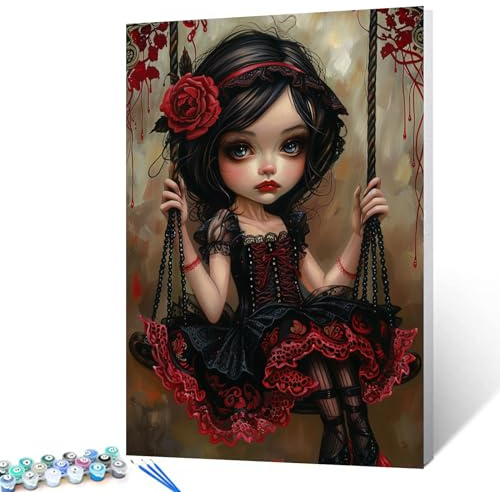 Tucocoo Dark Girl Swing Malen nach Zahlen für Erwachsene und Anfänger, einfaches DIY-Ölgemälde-Set auf Leinwand mit Pinseln und Acrylpigment, magische Frau, rote Blume, Bild für Heimdekoration