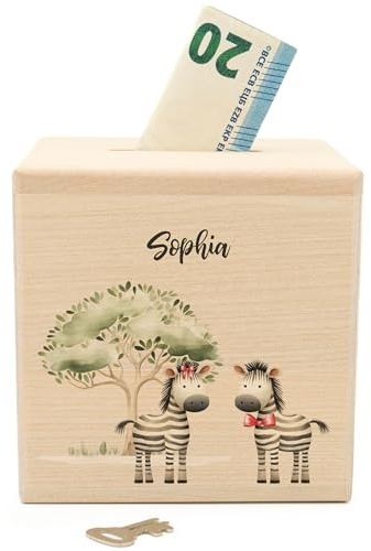 Geschenkfreude Spardose personalisiert mit Namen aus Holz - Zebra | 10x10cm, Holzspardose mit Schloss, UV-Druck Spardosen mit Namen, Geschenke für Junge/Mädchen Weihnachten, Geschenk zur Geburt