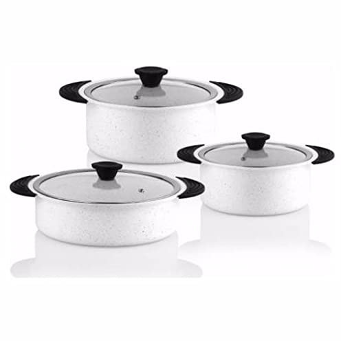 NSTVVEE Juego de Utensilios de Cocina sólidos de 6 Piezas, Cacerola, Juego de ollas y sartenes, Cocina de Acero Inoxidable de Granito Antiadherente (Paquete Variado Blanco)