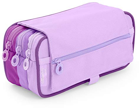 office box Estuche Triple Blush Pastel el Original- Porta Lápices de 3 Grandes apartados con Cierres de Cremallera, Múltiples Bolsillos y Horario e identificador. (Morado)