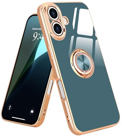 Urarssa magnetisk för iPhone 16 fodral med stativ ringhållare – grå | 360° roterbar fingerring ställ för kvinnor män, magnetiskt bilfäste, guldplätering mjukt TPU-fodral, stöttåligt telefonfodral