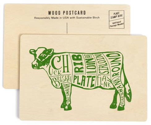 Beef, Butchers Block Meat Cuts, Green Cow on White (4x6 Birch Wood Postcards, 2-Pack Stationary, Rustic Home Wall Decor)